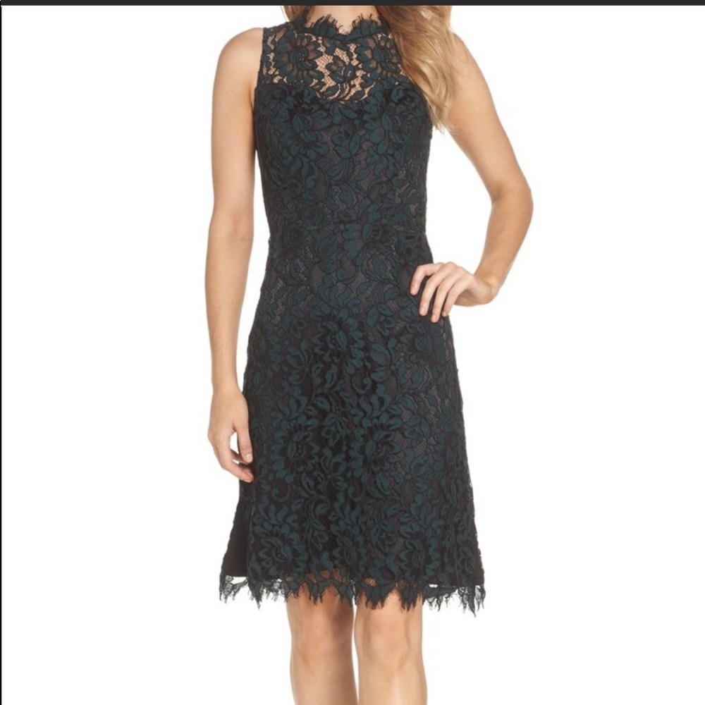 (NWT)Dark green Sheath Floral Lace Keyhole